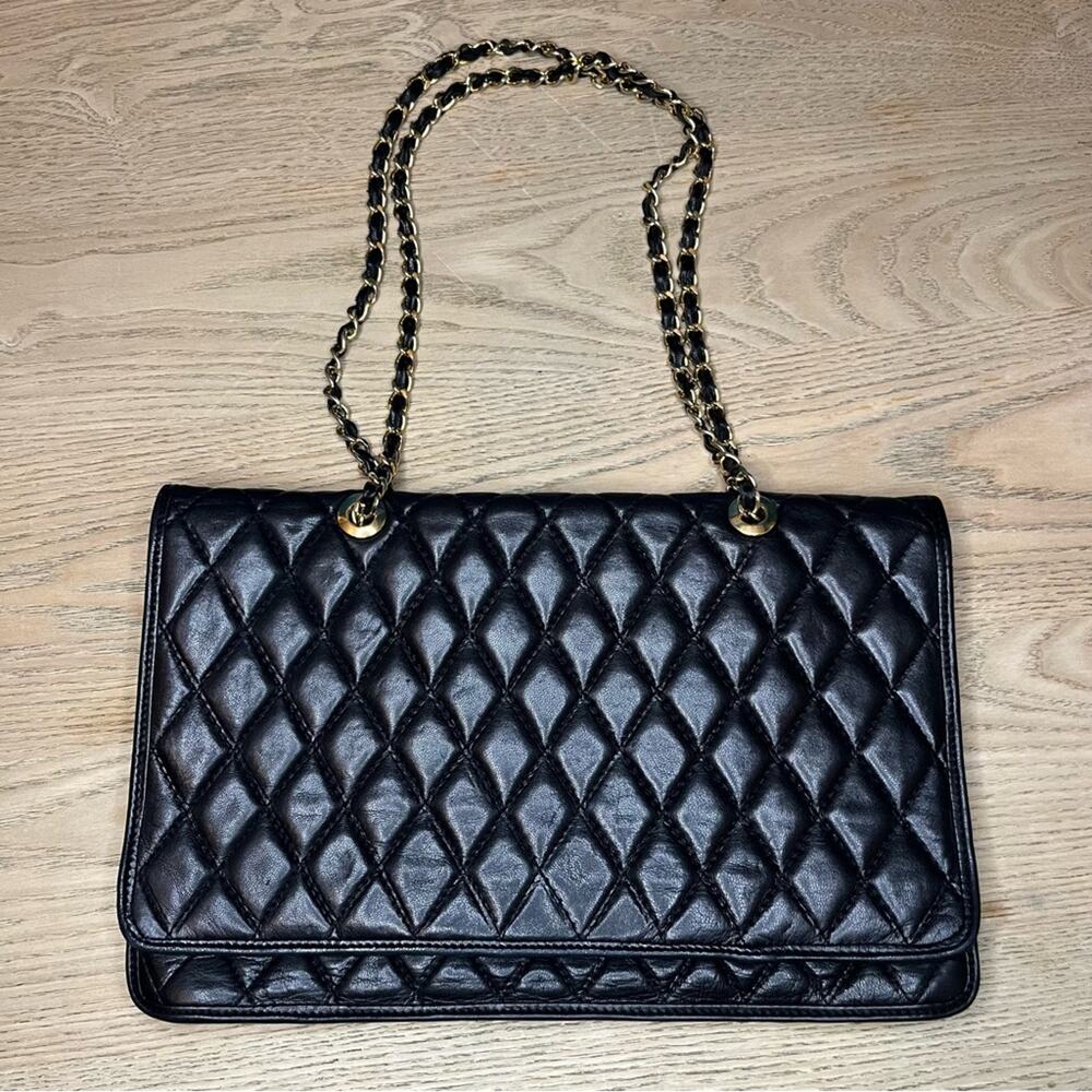 Vintage Jeunesse Quilted Black Leather Purse Clutch Gold Chain Strap